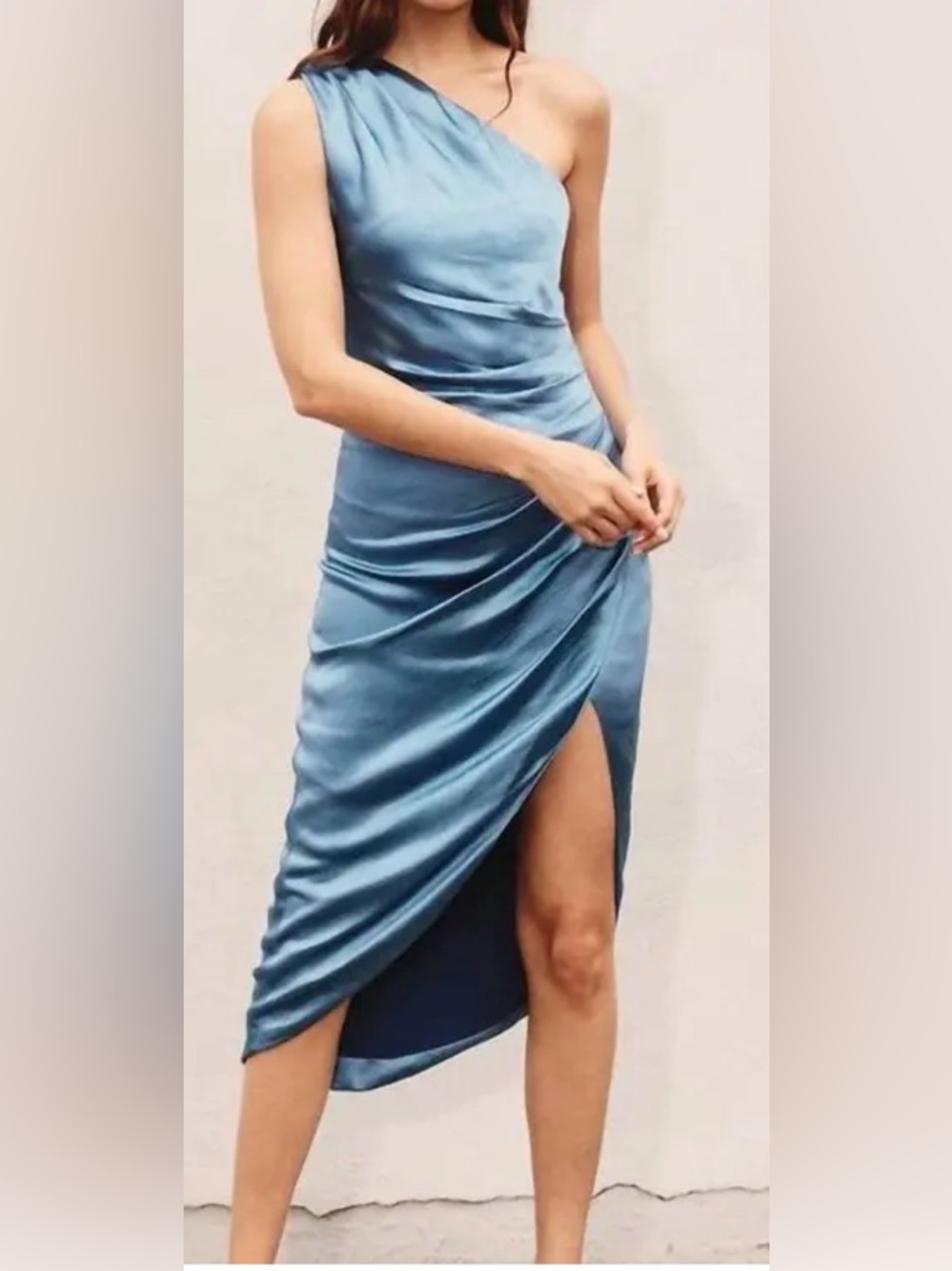 Dress Forum One-Shoulder  Satin Midi Dress in Aqua Blue